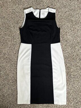 Women's dress in black and white, stylishly cut.